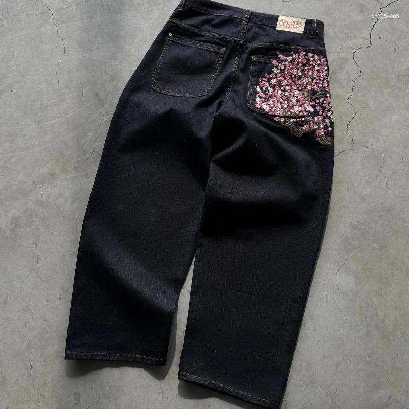Men's Jeans Y2K Cherry Plum Blossom Embroidery Denim 100% COTTON Pants Men Baggy Vintage Pattern Streetwear Derschutze Gothic Harajuku Hip Hop Wo