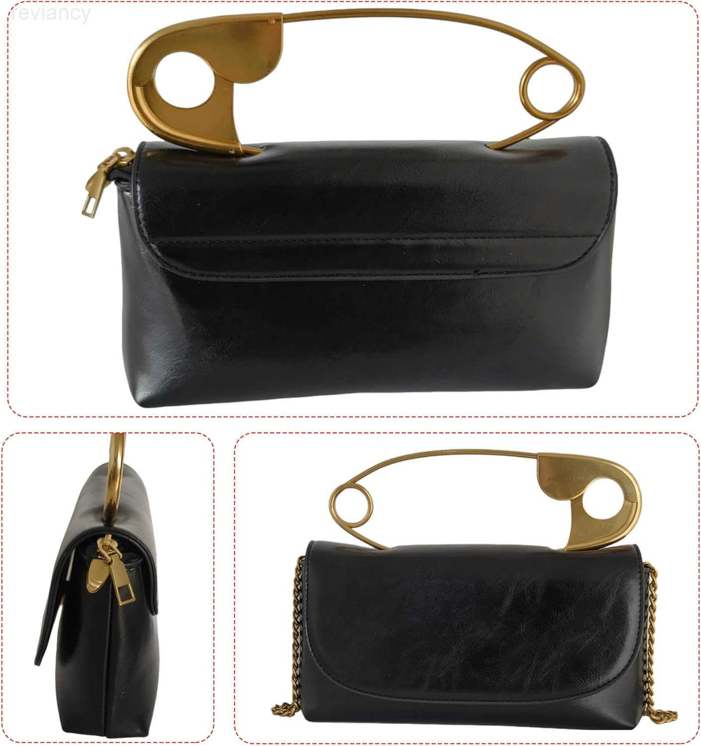 Womens Small Black Soft Pin Shaped Vegan Leather Crossbody Purse Bag with Gold Metallic Handles ChainW250908