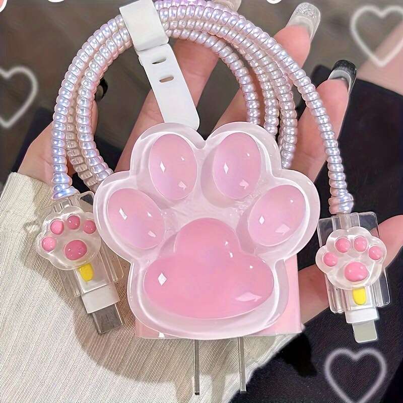 DHgargets Girly Pink Cute Cat Print Data Cable Protective Cover 20w Suitable for Apple iPhone Fast Charging Case Charger