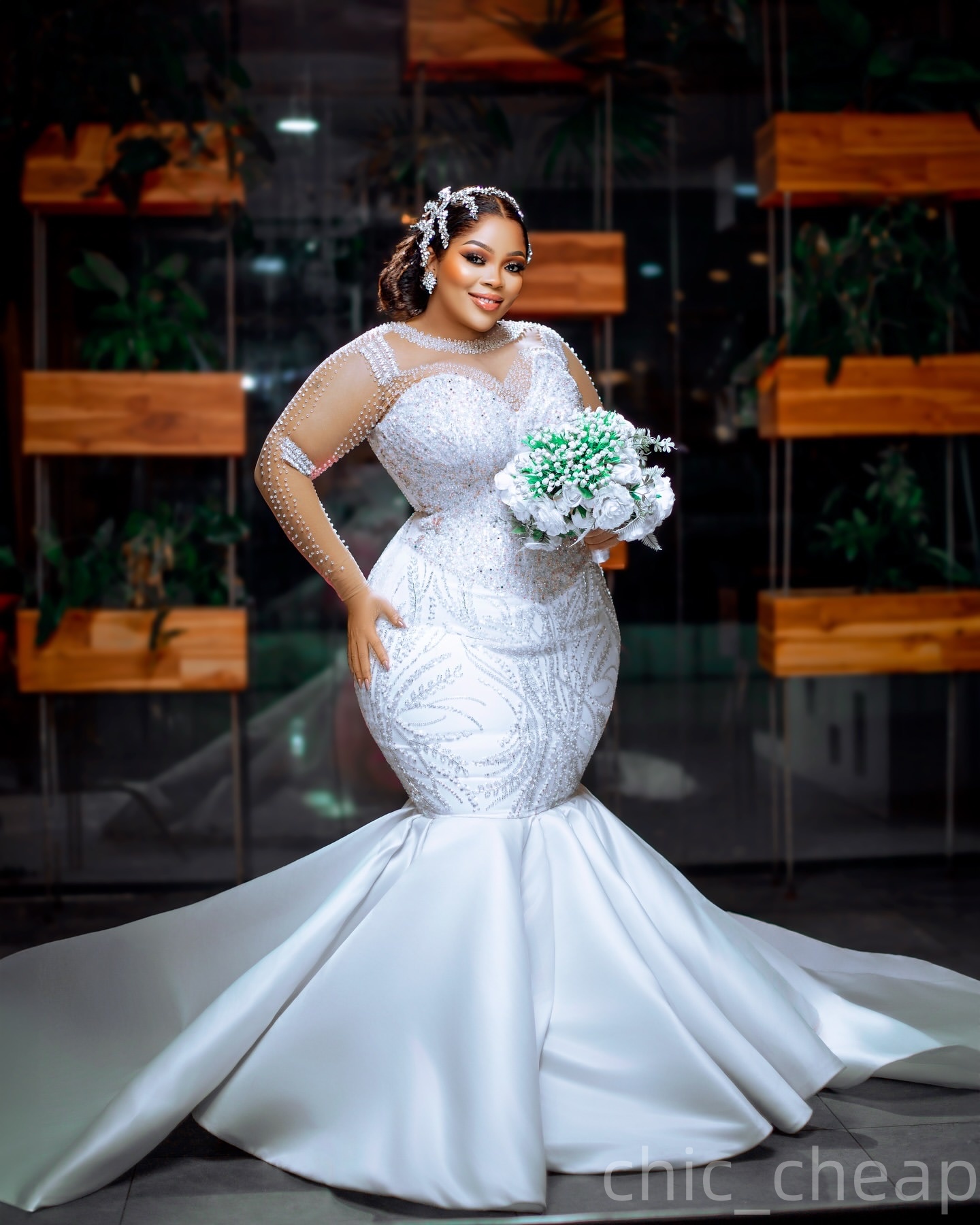 2025 Aso Ebi Plus Size Ivory Mermaid Wedding Dress Full Sleeves Beaded Sheer Neck Sequined Lace Satin Luxurious Bridal Gowns Dresses ZJ0455