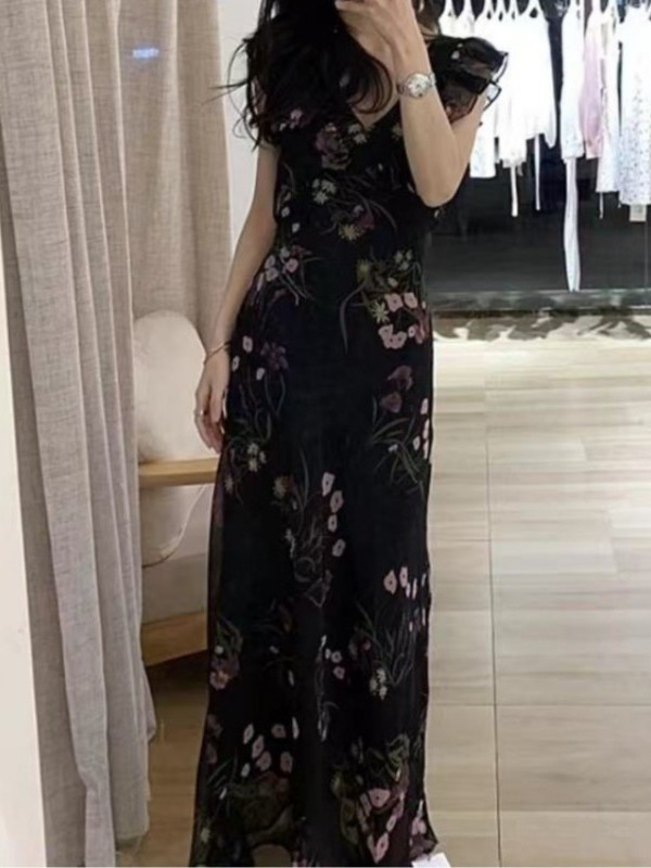 L92New women's autumn new style temperament high-end waist black floral dress