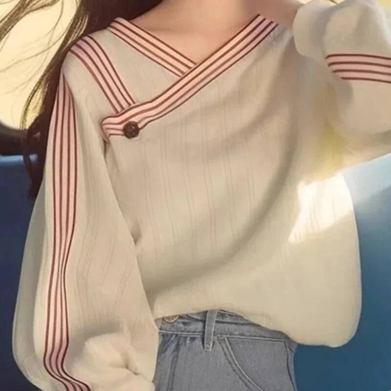 2025 Fashion Spring and Autumn New Women's V-neck Striped Patch Button Casual Lazy Style Long sleeved Hoodie Autumn design and Winter New Designe