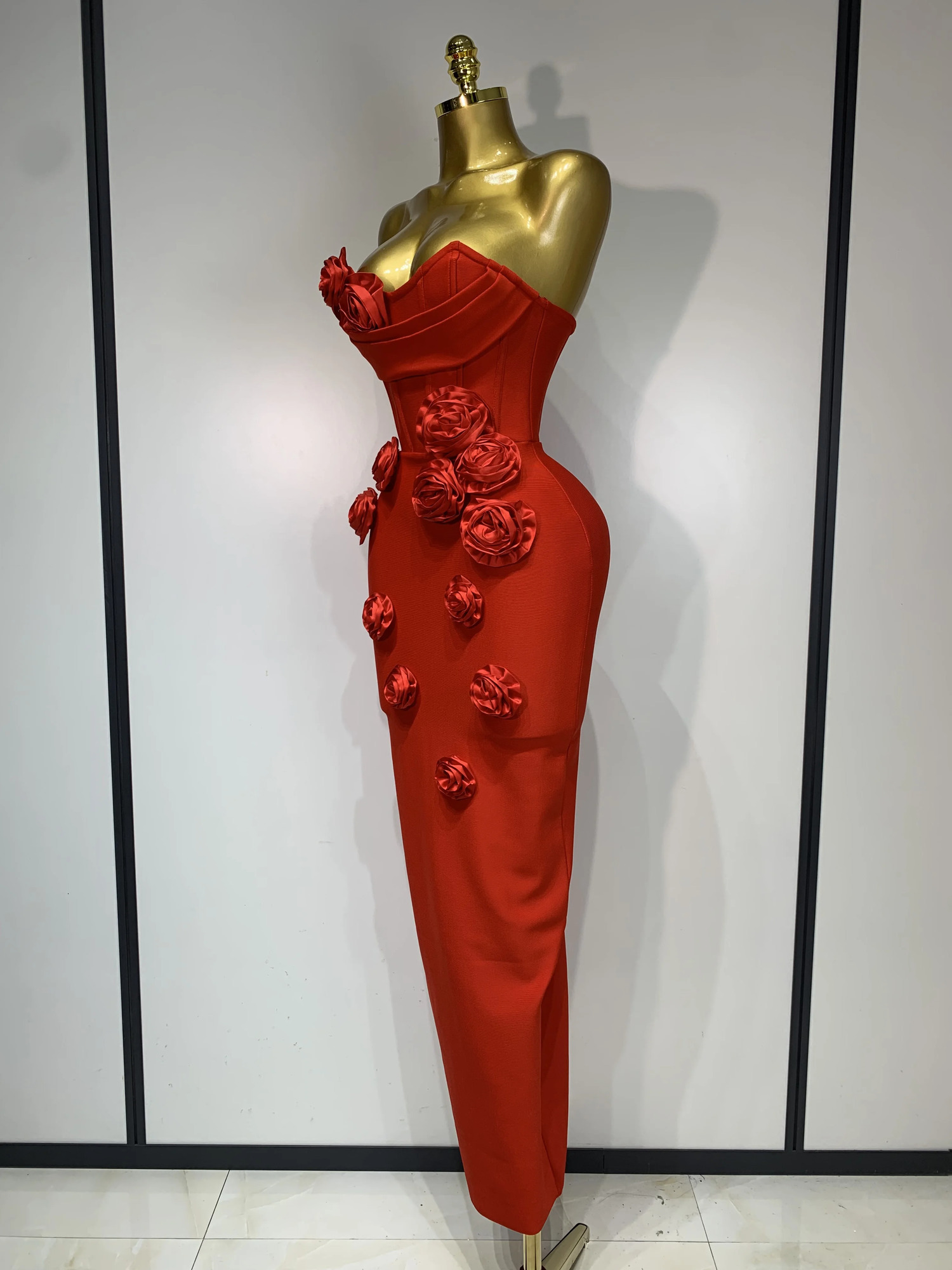 est Women Sexy Strapless Backless Red Flower Midi Bandage Dress Celebirty Elegant Evening Club Party Birthday Dresses 250907