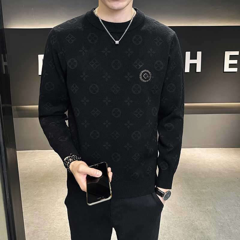 Design sense trendy warm crew neck sweater handsome versatile Korean version T-shirt slim and thin trendy men's clothing