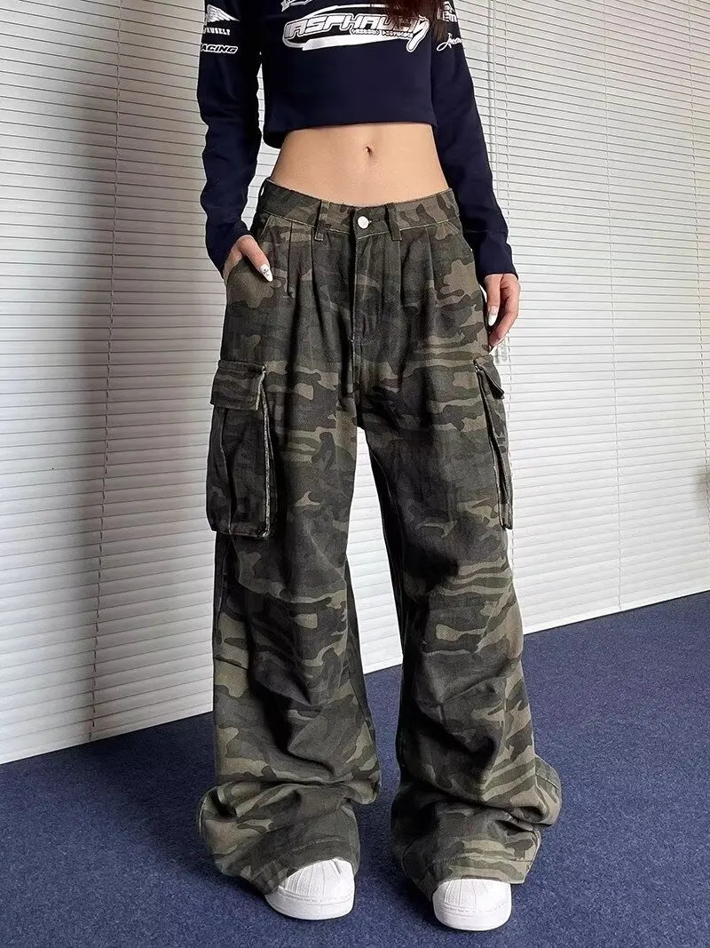Autumn Fashion Vintage Washed Cargo Jeans for Women Y2k American Style High Waist Baggy Cargo Pants Casual Camouflage Jeans 250908