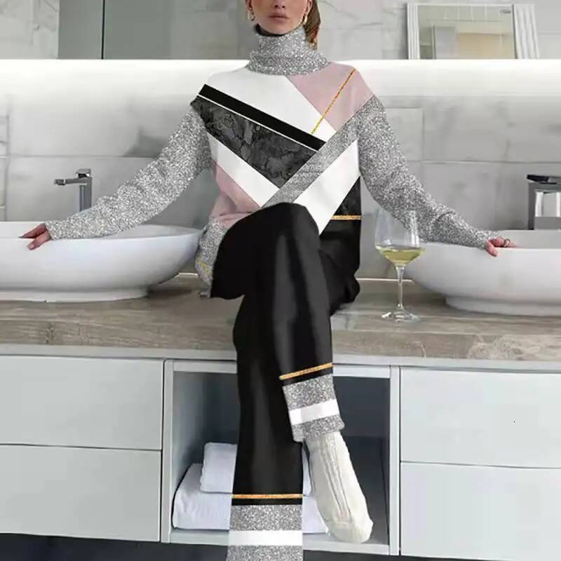 design 2025 Women's New High Collar Printed Casual Sports Set Spring and Autumn Loose Pants Set Autumn and Winter New Designer Clothing