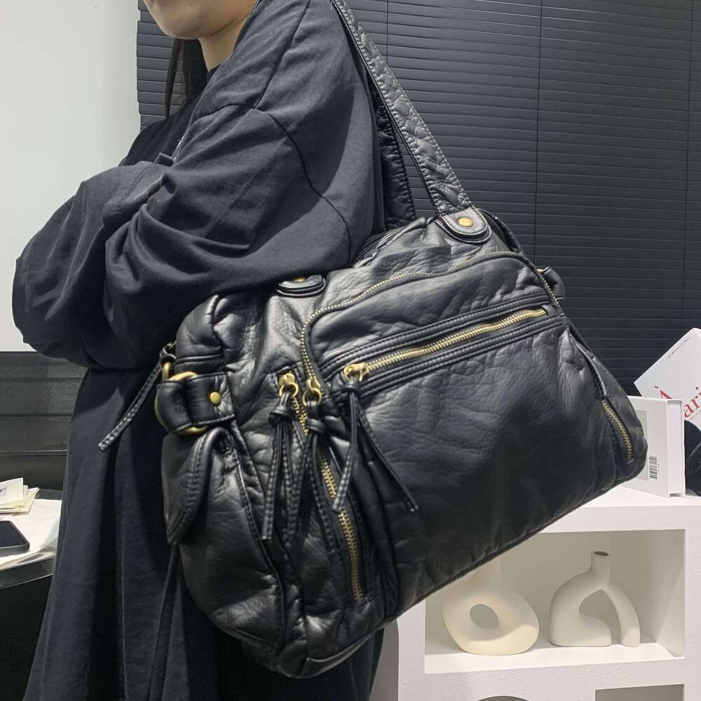 Women's Fashion Retro Tote Soft PU Leather Large Capacity Shoulder Bag Y2k Punk Multi Pocket Crossbody Handbag