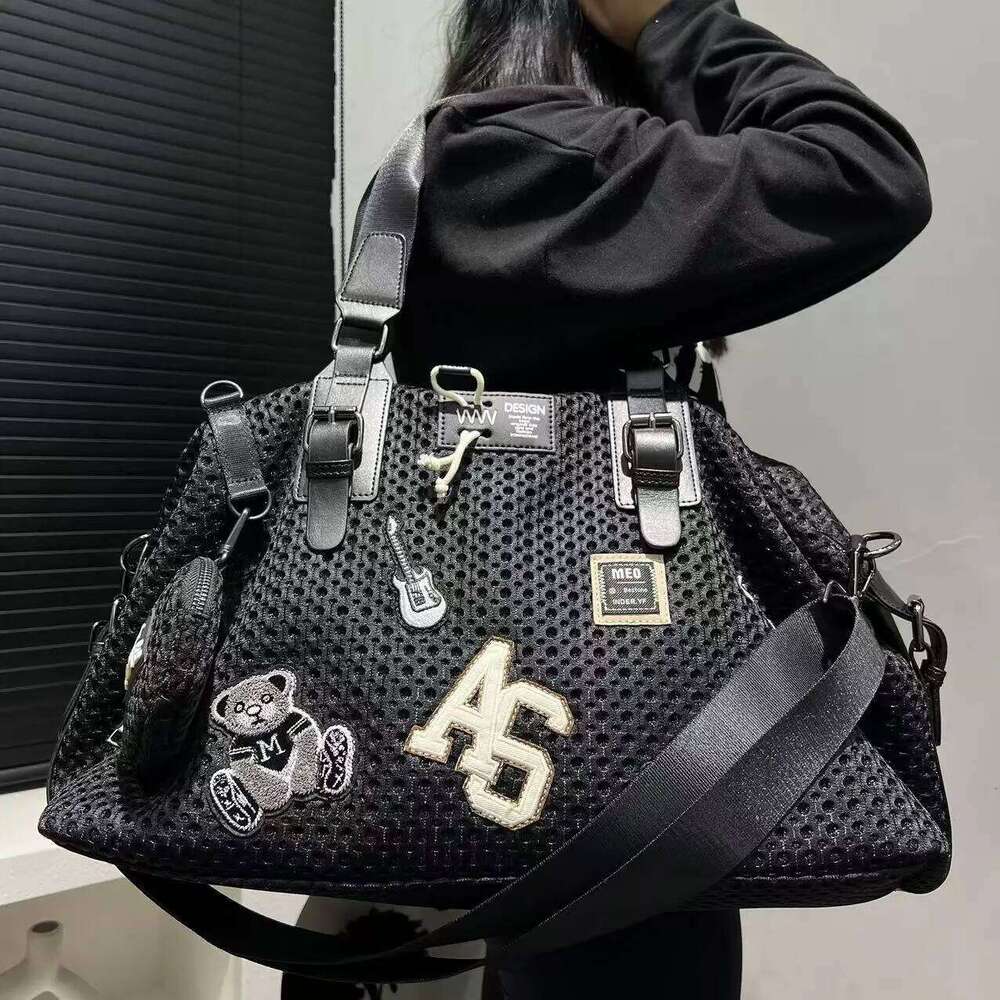 Fashionable Women's Mesh Nylon Adhesive Tote Large Capacity Splicing Shoulder Bag, Short Distance Travel Casual Handbag