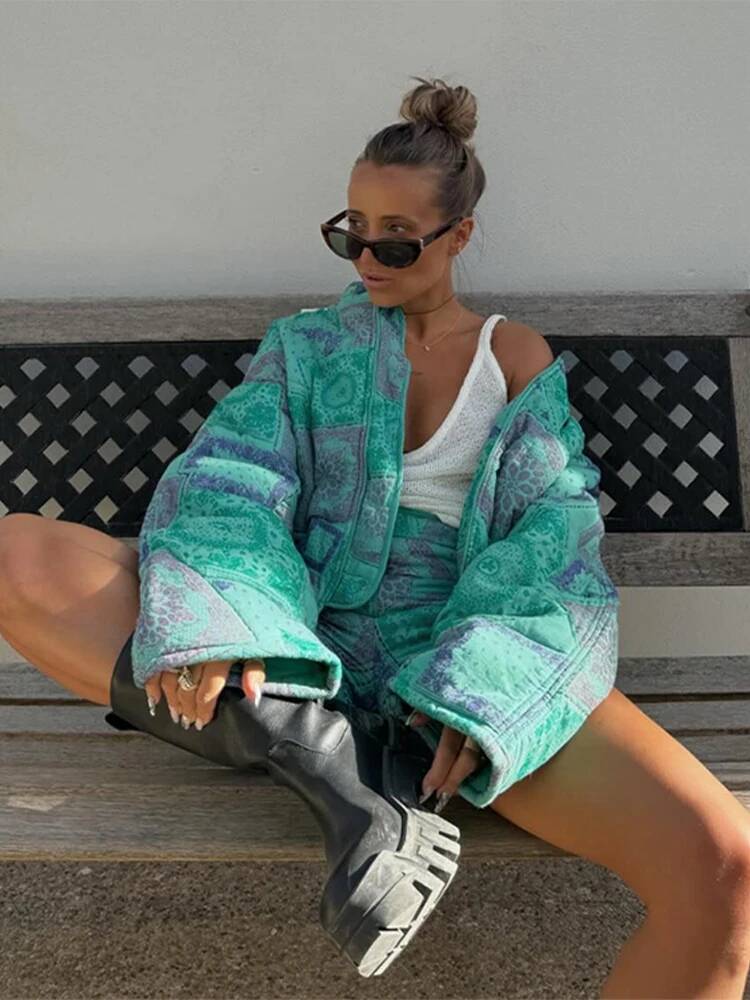 2025 Retro Green Printed Cotton Jacket Women's Stand up Collar Zipper Trendy Jacket Large Pocket Warm Jacket Autumn/Winter New design Designer Cl