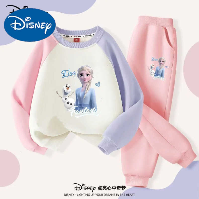 Disney Autumn Baby Girls Clothes Set Children Elsa Printing Color Block Top and Pants Bottom Two Pieces Long Sleeved Cotton Suit H250908
