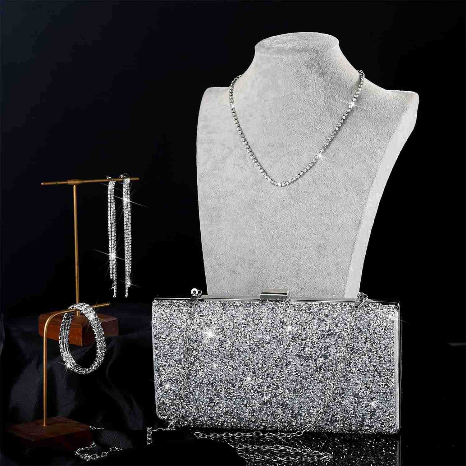 4 Pieces Women Rhinestone Evening Clutch Bag Bling Earring Necklace Bracelet for Wedding FormalW250908