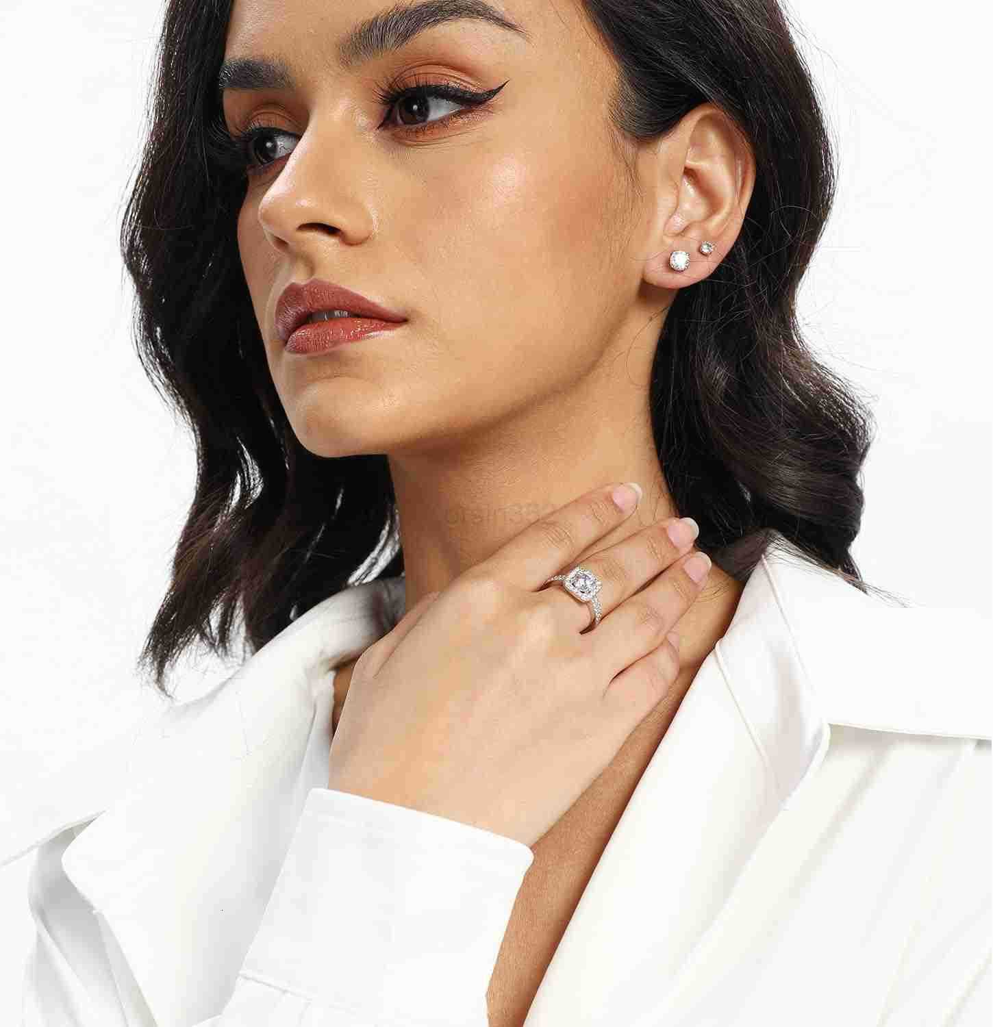 18K White Gold Plated Cubic Zirconia ThreeinOne Halo Wedding Engagement Promise Eternity Ring for Women Y260117