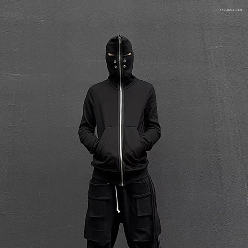 Men's Designer Hoodies High Street Fashion Hooded Sweatshirts Hole Design Zip Up Black Solid Clothing