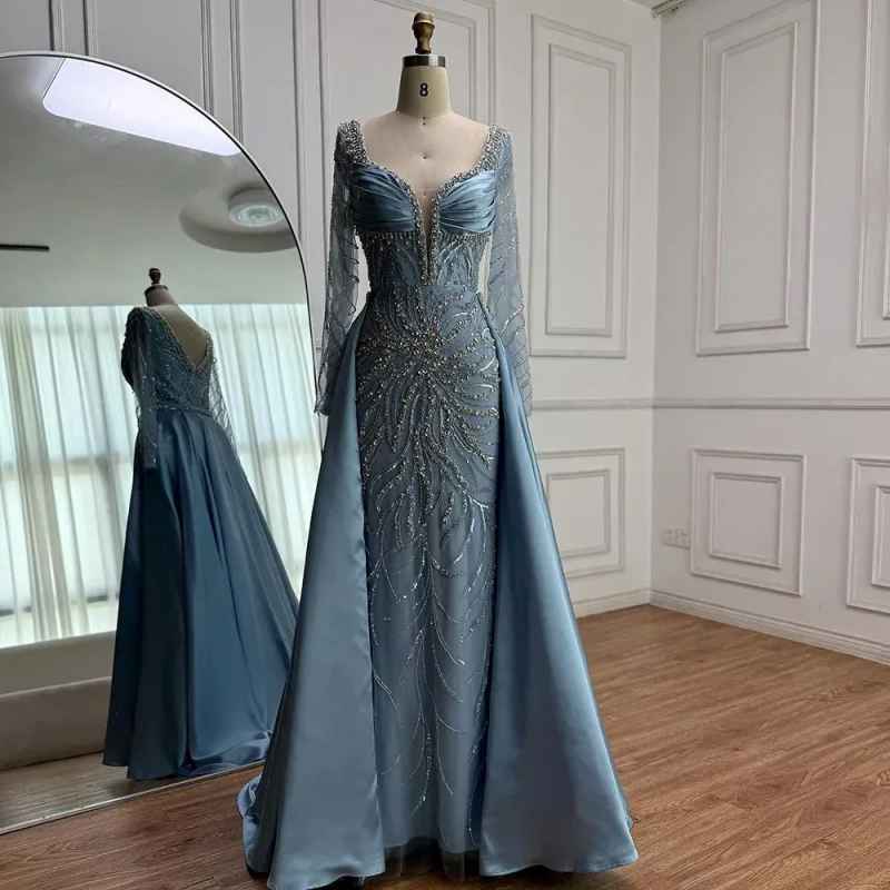 Luxury Designer Blue Beaded Evening Prom Dress with Long Sleeves Gown for Women Party Customized Serene Hill