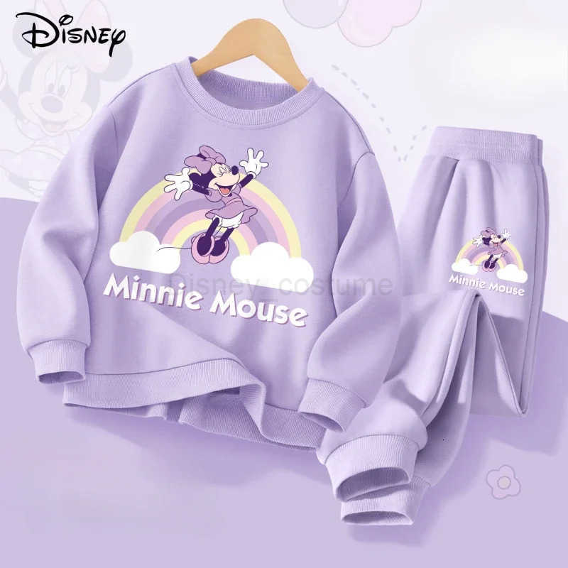 Disney 2025 Spring Autumn Childrens Clothing Sets Minnie Print Baby Girls Pullover Pant 2pcs Set Breathable Thin Kids Tracksuit H250908
