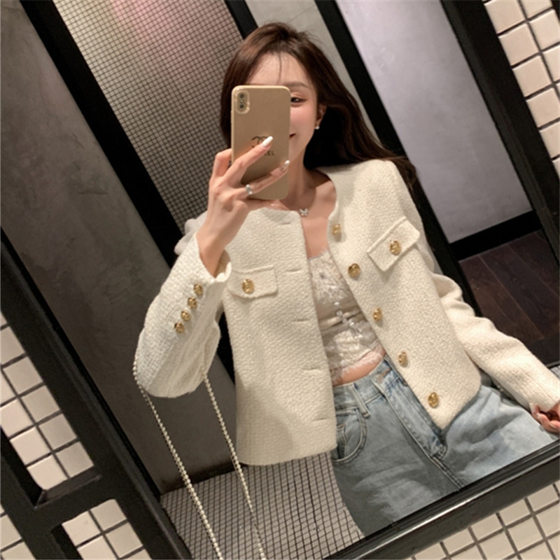 Women's Jackets Vintage Black Tweed Jacket Women Spring Autumn Golden Button Wool Coat Wide-waisted Long-sleeve Business