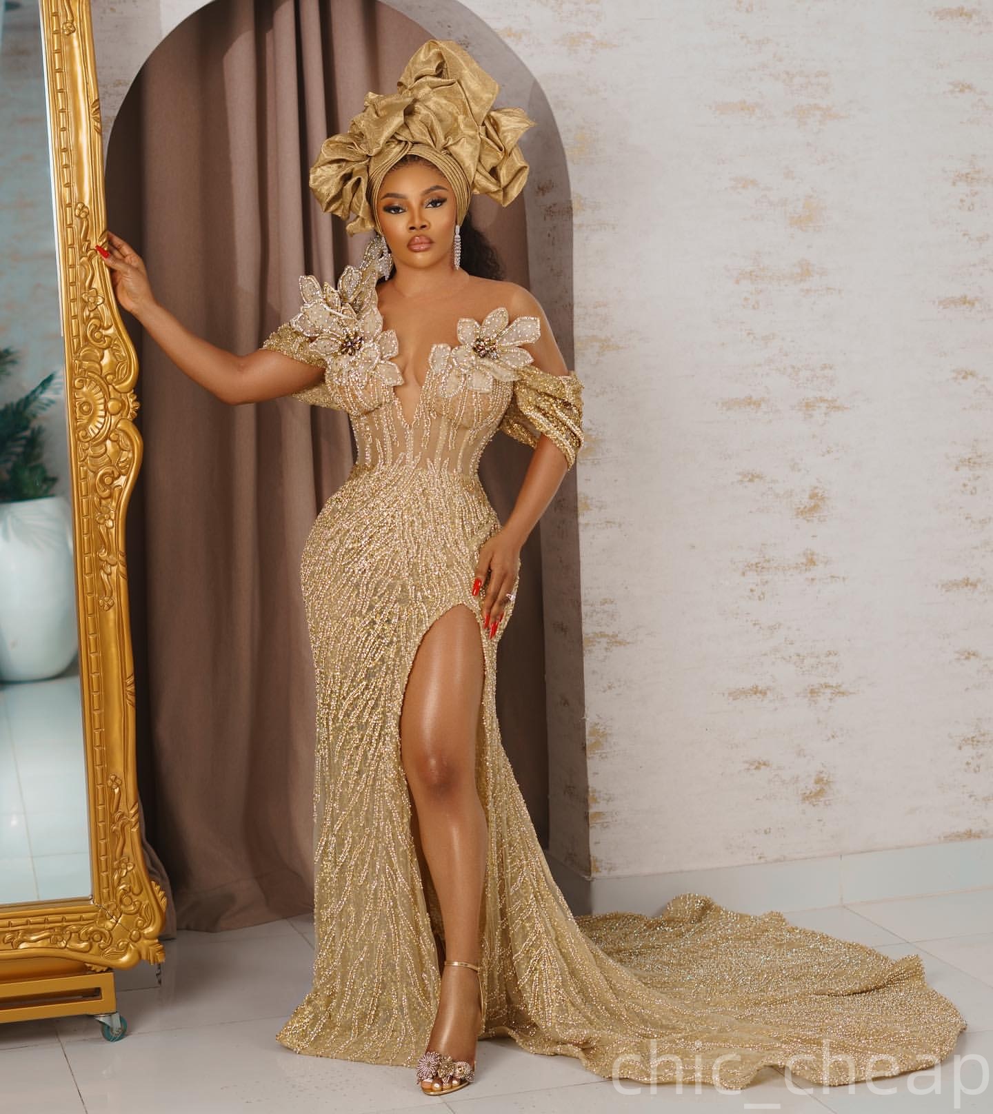 Aso Ebi Champagne Mermaid Prom Dresses 2025 Flowers Crystals Detachable Train African Evening Formal Party Second Birthday Engagement Dress Gowns robe
