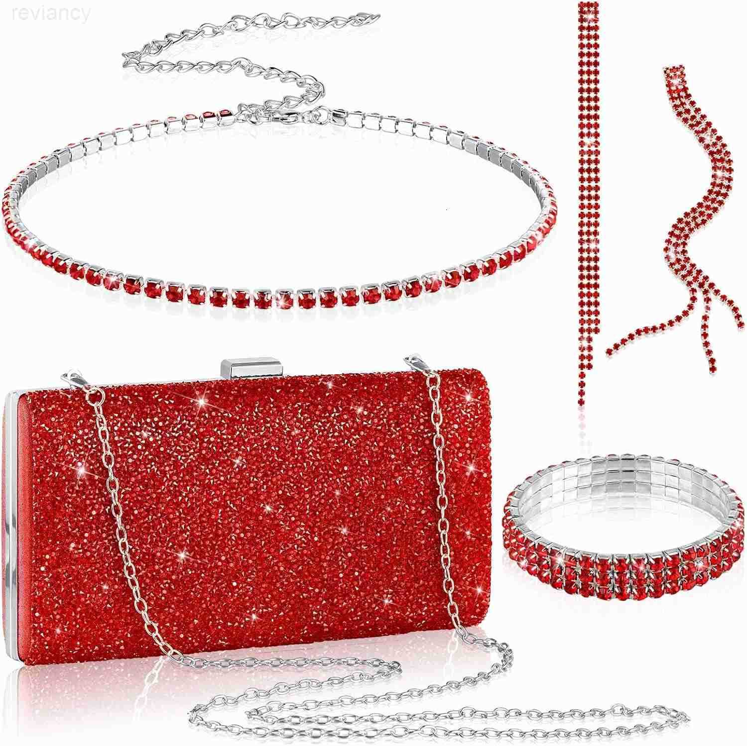 4 Pieces Women Rhinestone Evening Clutch Bag Bling Earring Necklace Bracelet for Wedding FormalW250908