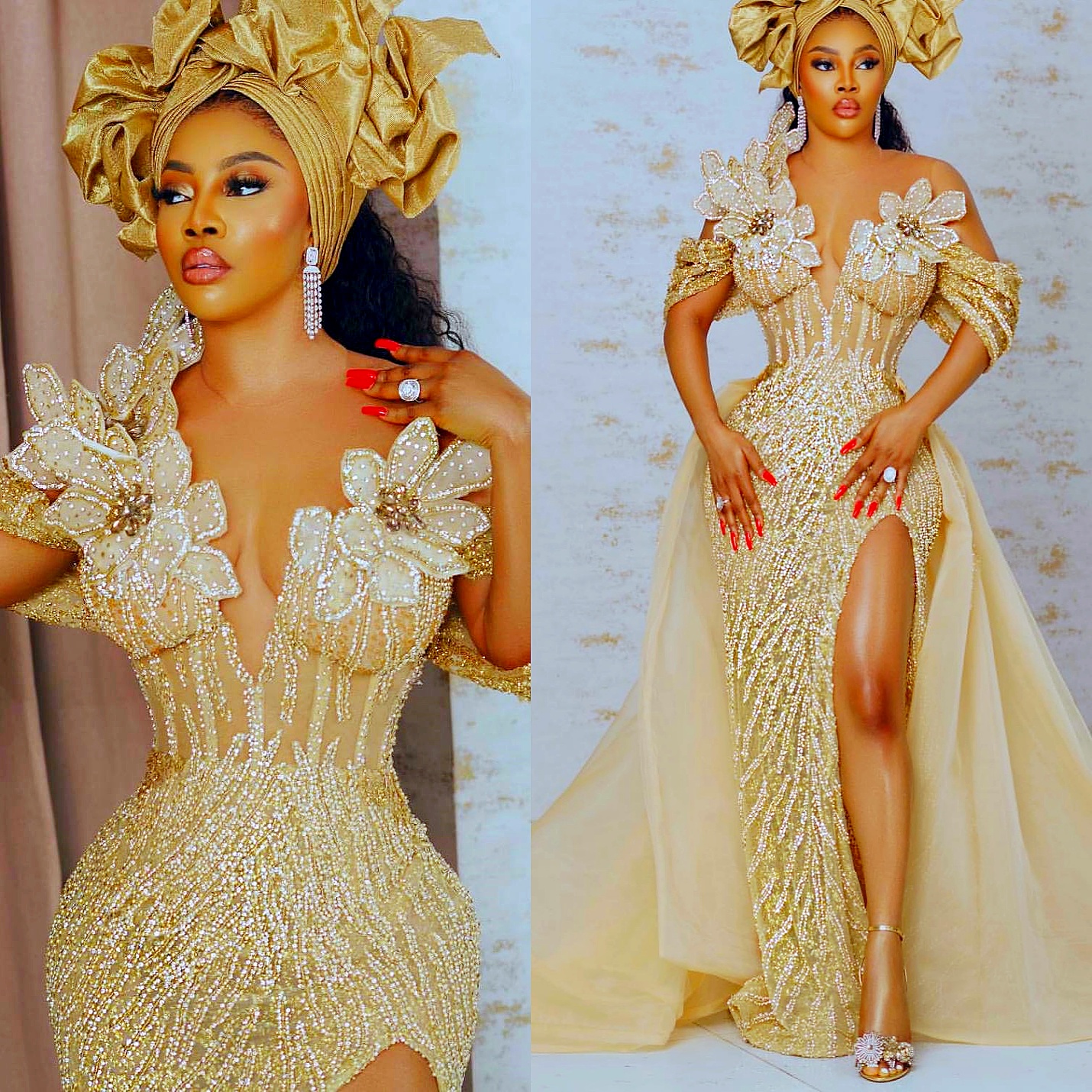Aso Ebi Champagne Mermaid Prom Dresses 2025 Flowers Crystals Detachable Train African Evening Formal Party Second Birthday Engagement Dress Gowns robe