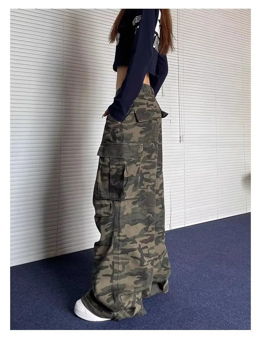 Autumn Fashion Vintage Washed Cargo Jeans for Women Y2k American Style High Waist Baggy Cargo Pants Casual Camouflage Jeans 250908