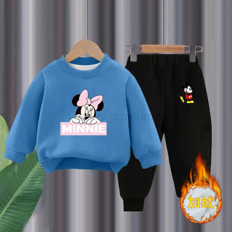Disney Autumn Winter Childrens Clothing Sets Baby Girls Minnie Mickey Mouse Print Velvet Sweatshirt Pants 2pcs Kids Tracksuits H250908