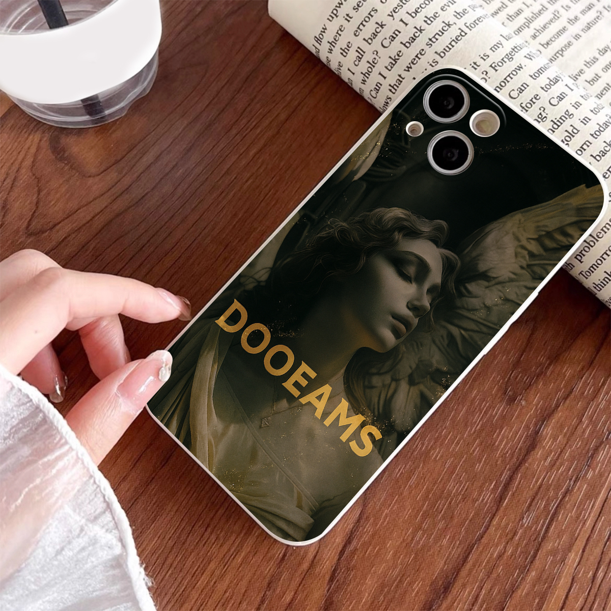 Luxury Angel Statue Design Phone Case for iPhone 11-16, Artistic Protective Cover with Golden Letters DOOEAMS, Stylish TPU Back Shell