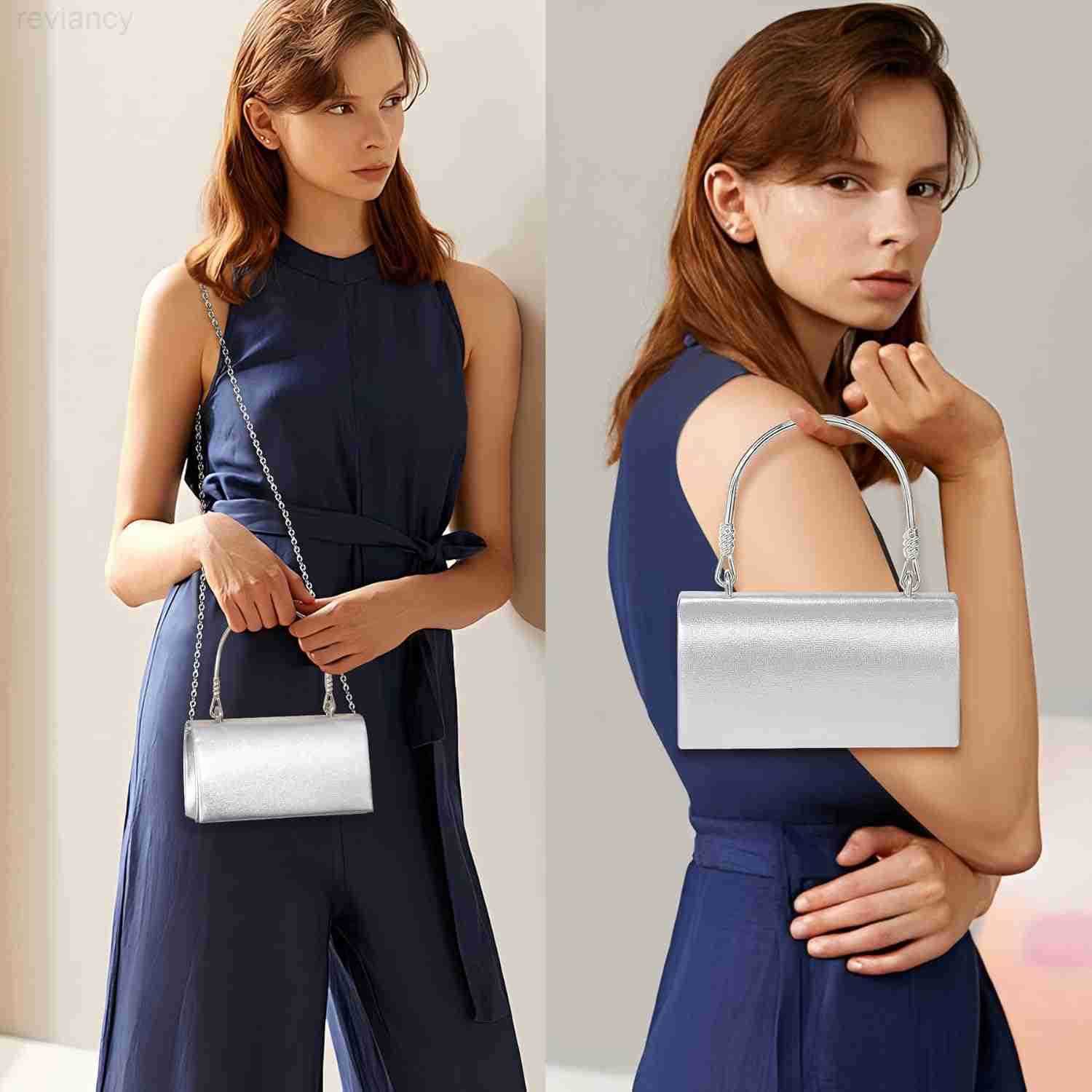 Clutch Purses for Women Elegant Metallic Silver Evening Handbags with 2 Chain Straps Fashion Vegan Leather Ladies Party Bags for Prom Wedding Cocktail