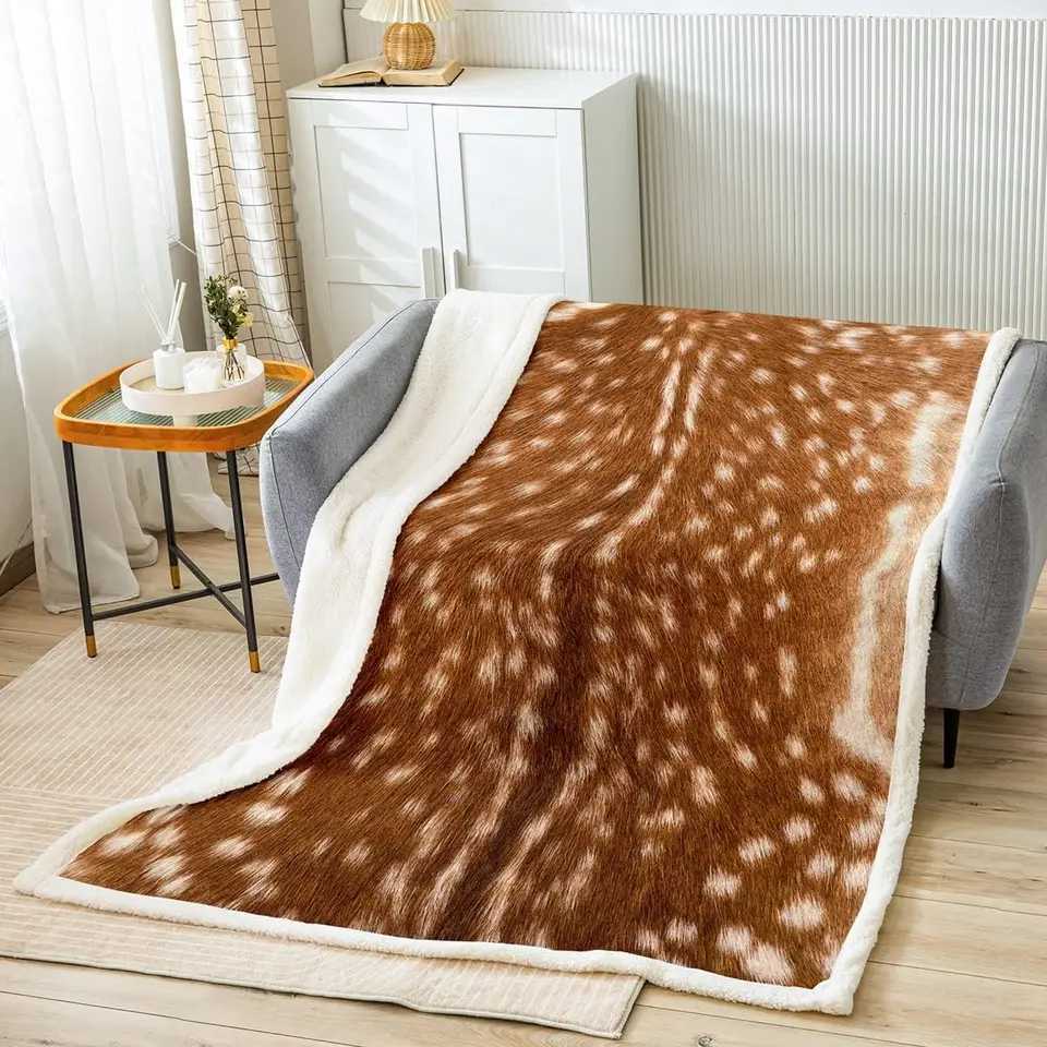 Simulated Fur Deer Hunting Fleece Throw Blanket x Orange Brown Deer Hide Pattern Soft Lightweight Sherpa Blanket for Bed Couch P D250908