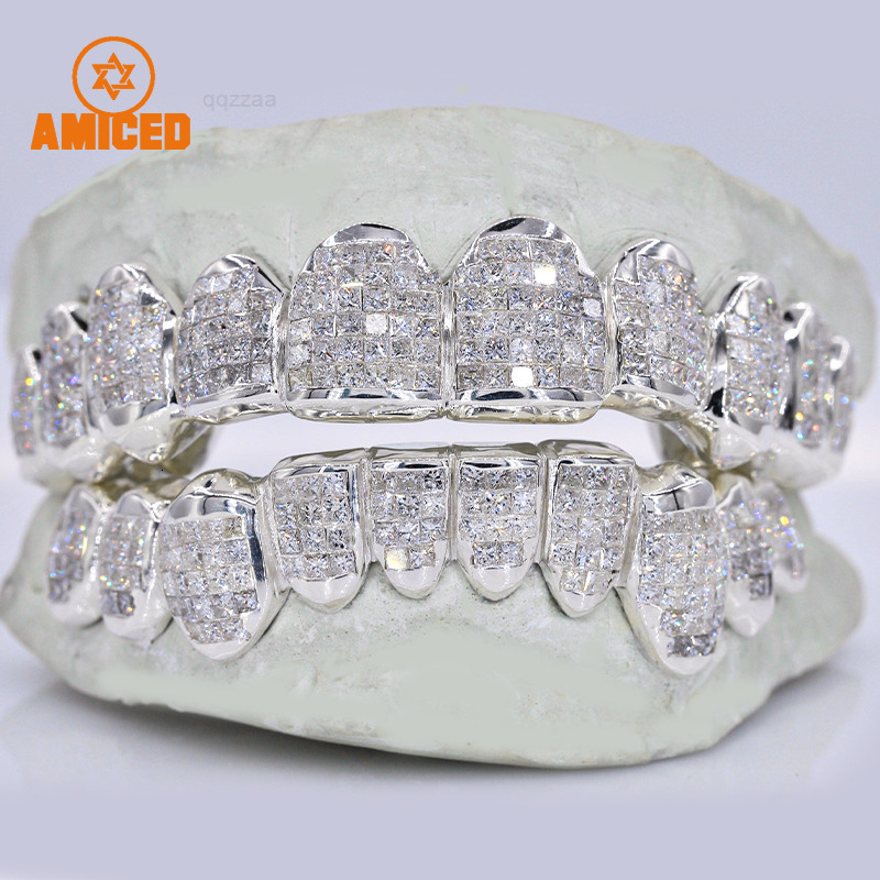 Invisible Setting Princess Cut Iced Out VVS Moissanite Diamond Custom Grillz for Teeth Iced Out Hip Hop Grillz Moissanite 8 on 8