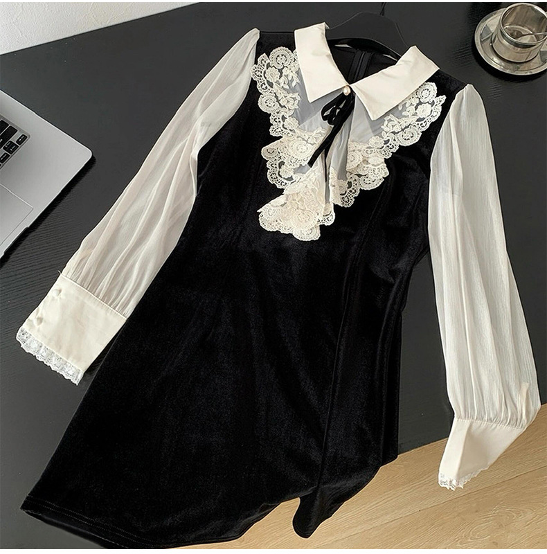 2026 Autumn Blue Solid Color Ribbon Bow Floral Dress Sleeveless Round Neck Splicing Short Casual Skirt