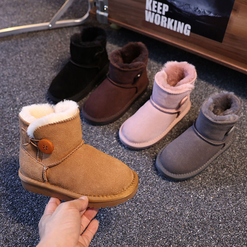 2025 New Kids Genuine Leather Snow Boots Single Buckle Design Winter Thermal Thickened Anti-Slip Fleece Lined Booties for Boys Girls EU 26-35