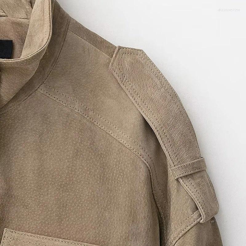 Women's Jackets Leather Zartins Coat Khaki Outwear Long Sleeve Tops 2025 With Pockets Streetwear Fashion Woman