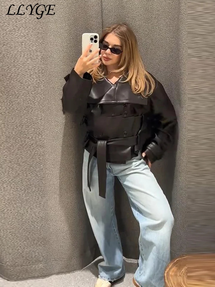 Street Womens Cropped Leather Jackets With Belt Lapel Double Breasted Pockets Long Sleeve Coat Autumn Lady Vintage Outwear 250907