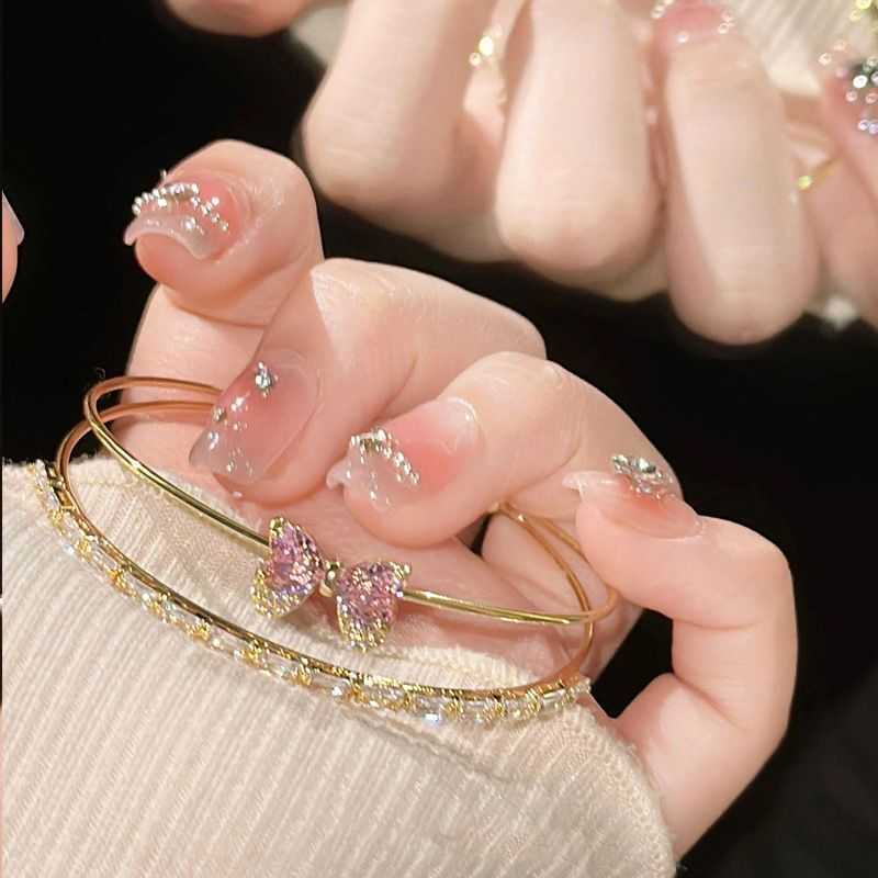 Gold-Tone Double-Layer Bangle With Crystal Butterfly & Paved Accents, Cute Elegant Style, Ideal For Elevating Lively Sweet Looks & Gifting