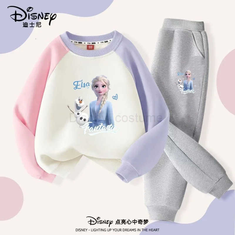 Disney Autumn Baby Girls Clothes Set Children Elsa Printing Color Block Top and Pants Bottom Two Pieces Long Sleeved Cotton Suit H250908