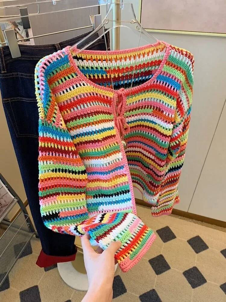2025 Rainbow Stripe design Woven Cardigan Lace Design Knitted Coat Women's Trendy Aging Sweet Top New Designer Clothing