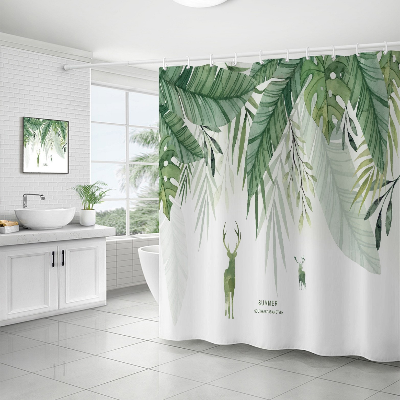YL-37129 digital shower curtain cross-border plant flowers waterproof polyester bathroom four-piece set dry and wet separation moisture-proof