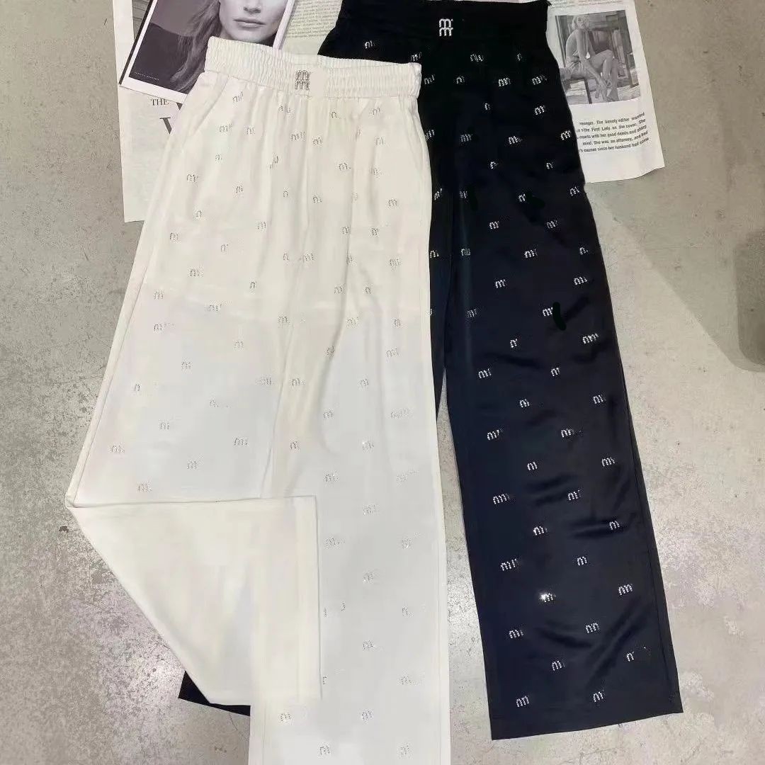 Women's elastic waist rhinestone letter pattern loose long pants designer shinny trousers SMLXL