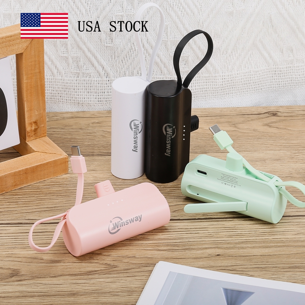 Winsway Mini Capsule Power Bank 5000 mAh Fast Charging Mobile Phone Foldable Stand Charger with Type-C Data Cable Dual Ports Can Charge Two Devices Si