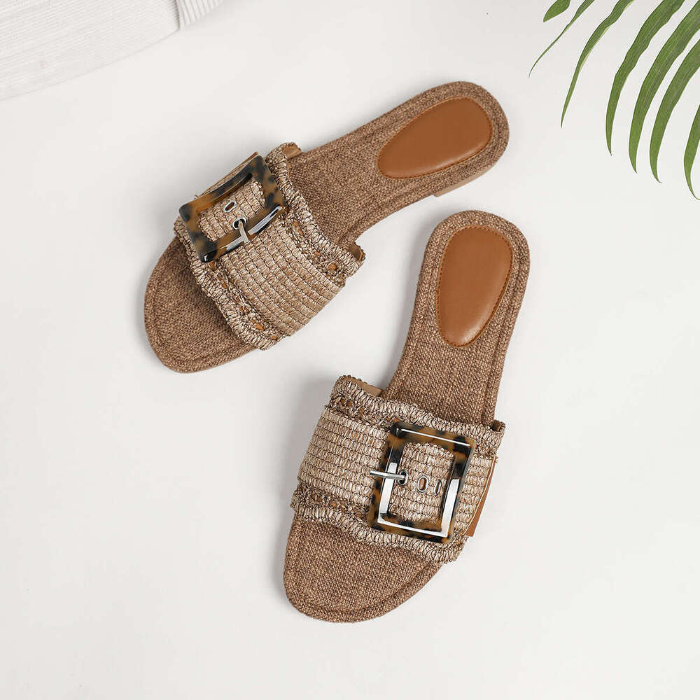 2025 Summer New Round Toe Woven Slip-On Large Size 35-43 Women's Shoes Breathable Casual Flat Sandals