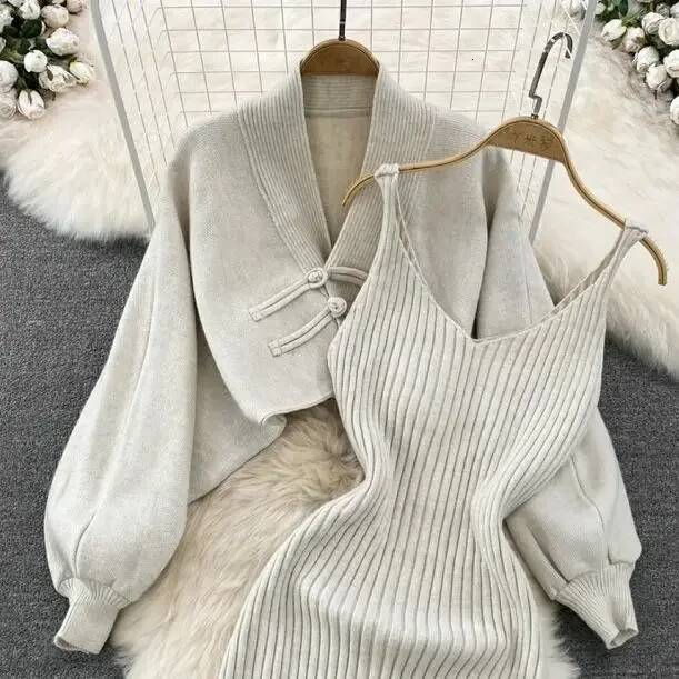 2025 Solid Color Knitted Set with Lace up Cardigan Trendy Women's Sweater Coat Vest Dress Two Piece Set Women's Clothing Autumn/Winter New D