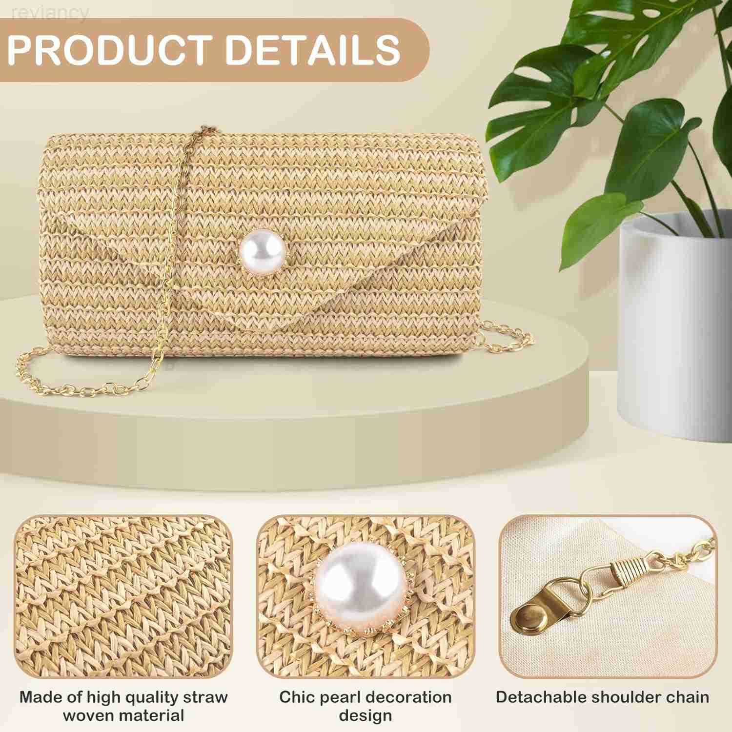 Straw Clutch Purse for Women Pearl Decoration Boho Crossbody Bags Handbags for Beach Travel Vacation Party PromW250908