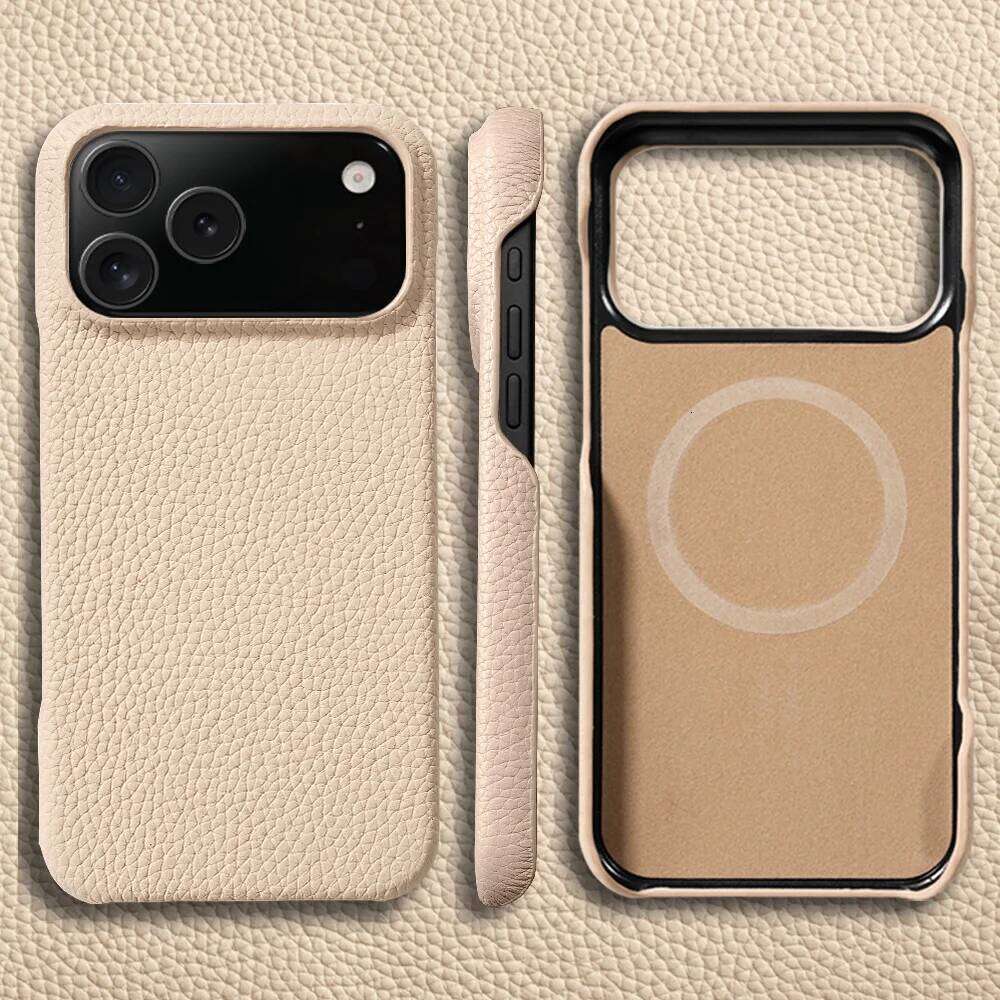 Magsafe Case for iPhone 17 Air 15 16 Pro Max 17Pro Lychee Natural Cowhide Leather Magnetic Protector Phone Back Cover