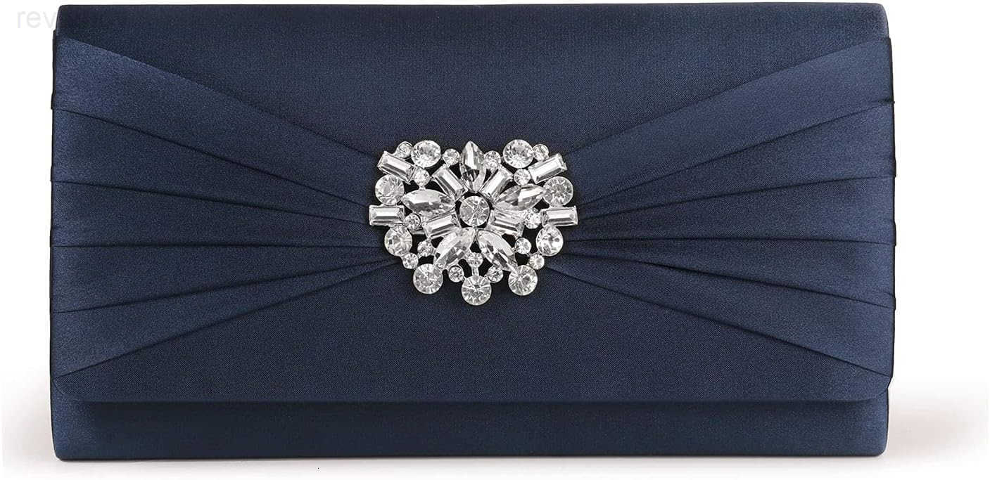 Evening Bags For Women Pleated Satin Rhinestone Brooch Prom Clutch Purse With Detachable Chain Strap Deep Navy BlueW250908
