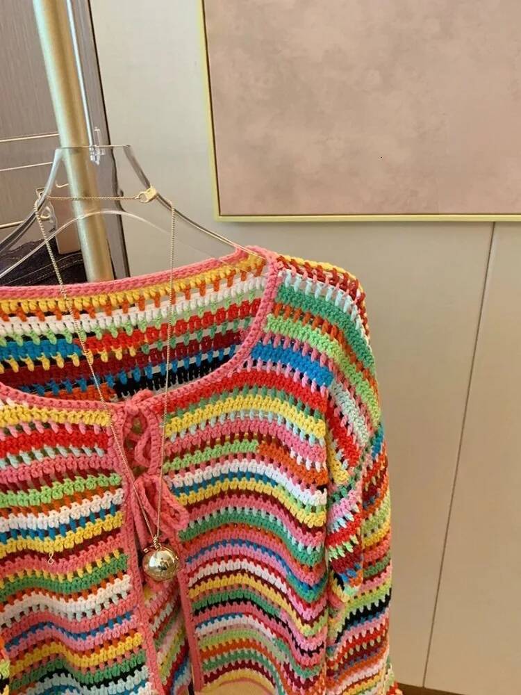 2025 Rainbow Stripe design Woven Cardigan Lace Design Knitted Coat Women's Trendy Aging Sweet Top New Designer Clothing