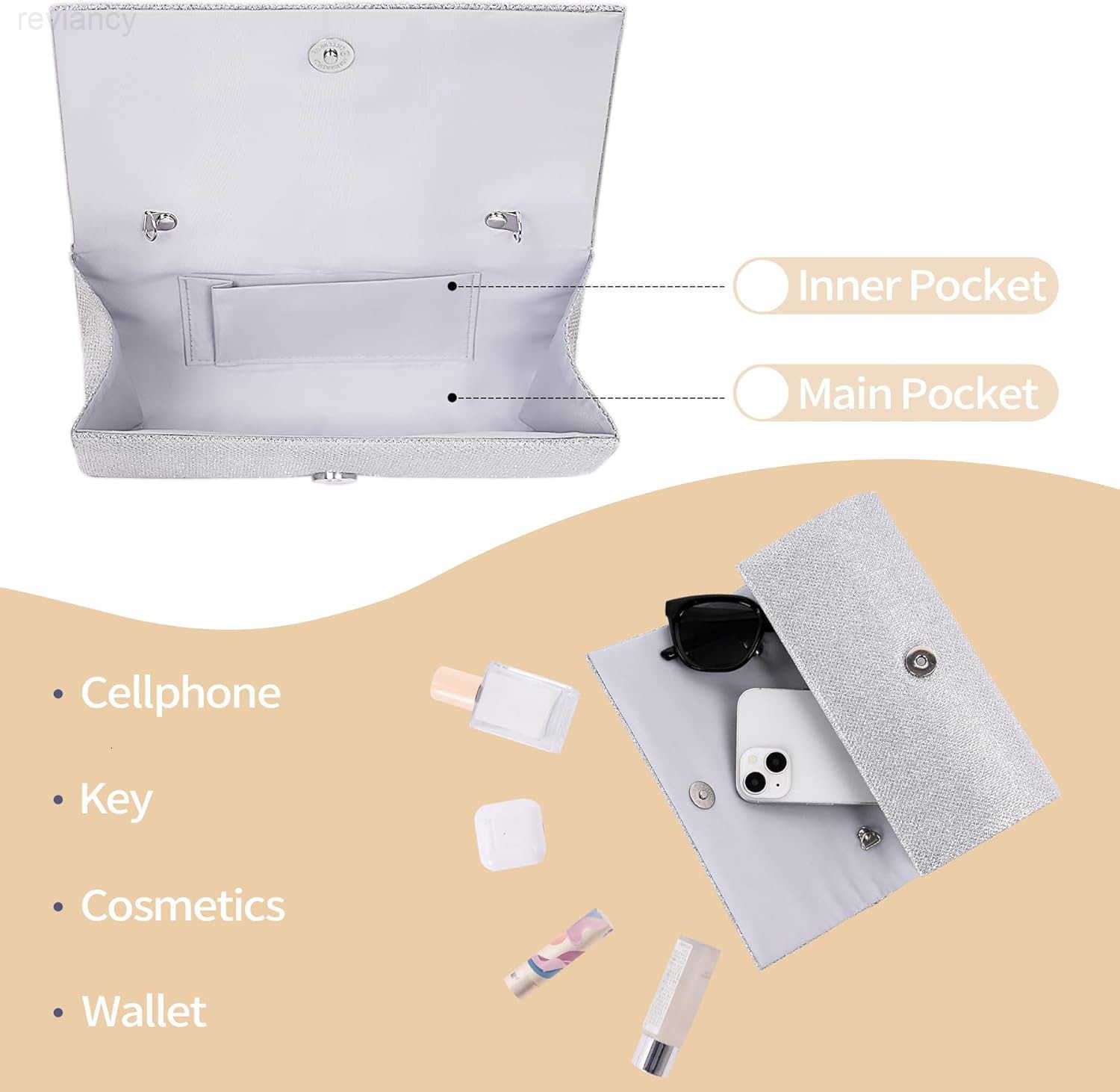 Clutch Purses for Women Elegant Pleated Evening Bag with 2 Removable Chain Straps Sparkling Silver Party Bags Envelope Ladies Handbags for Formal Even