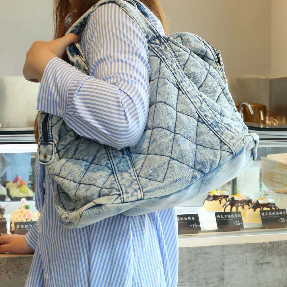 Large Capacity Tote Bags For Women Designer Handbags And Purses 2025 New In Denim Cloth Embroidery Rhombus Chain Shoulder