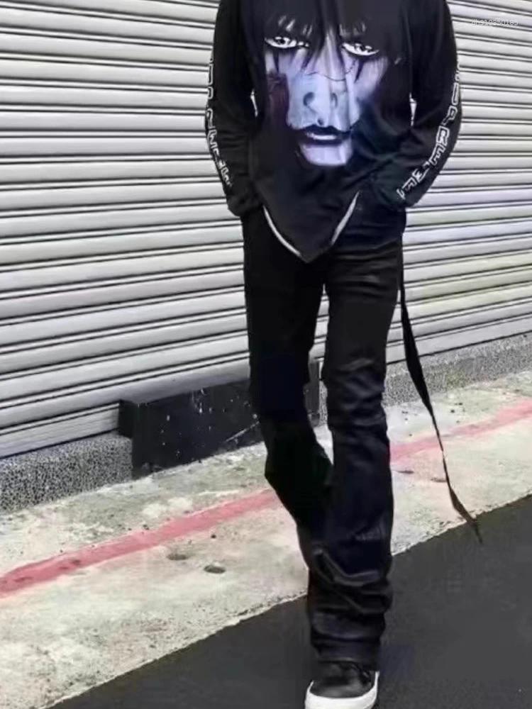 Dark Style Men's Jeans Hanrted Wax Coating Slim Fit Flared Youth Faion High Waist Button Closure Wear Resistant Long Pants For Teens