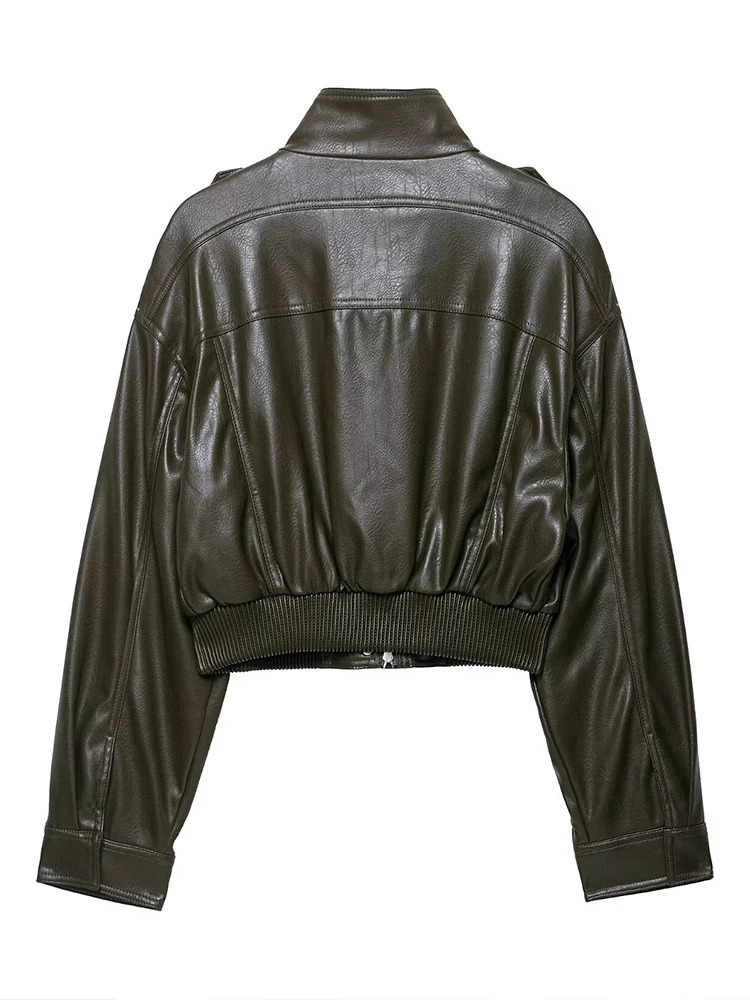 TRAF Fashion Faux Leather Jackets for Women Loose Zipper Long Sleeve Female Short Coats Autumn Lady Casual Outerwear 250908