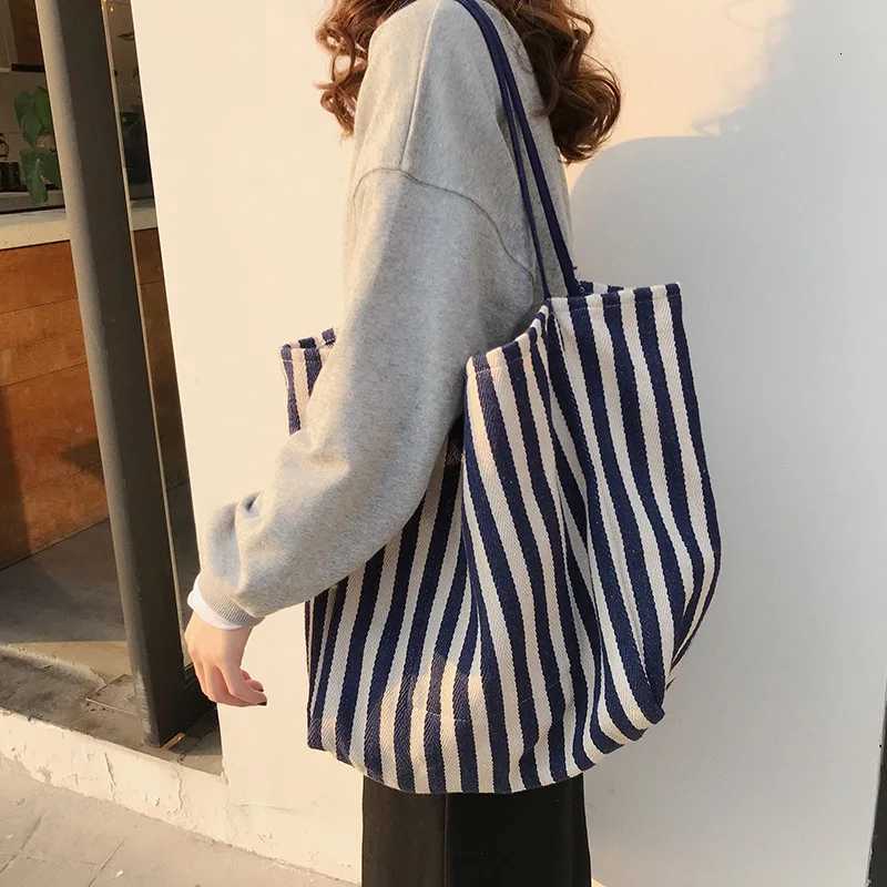 Cotton Canvas Women Big Shoulder Bag Vintage Tote Shopping Bag Extra Large Capacity Handbag Cute Stripe Design Beach Cloth Purse R250908